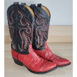 Tony Lama Leather Lizard Cowboy Boots Mens Size 9 D El Paso Black Red 8853 Vtg